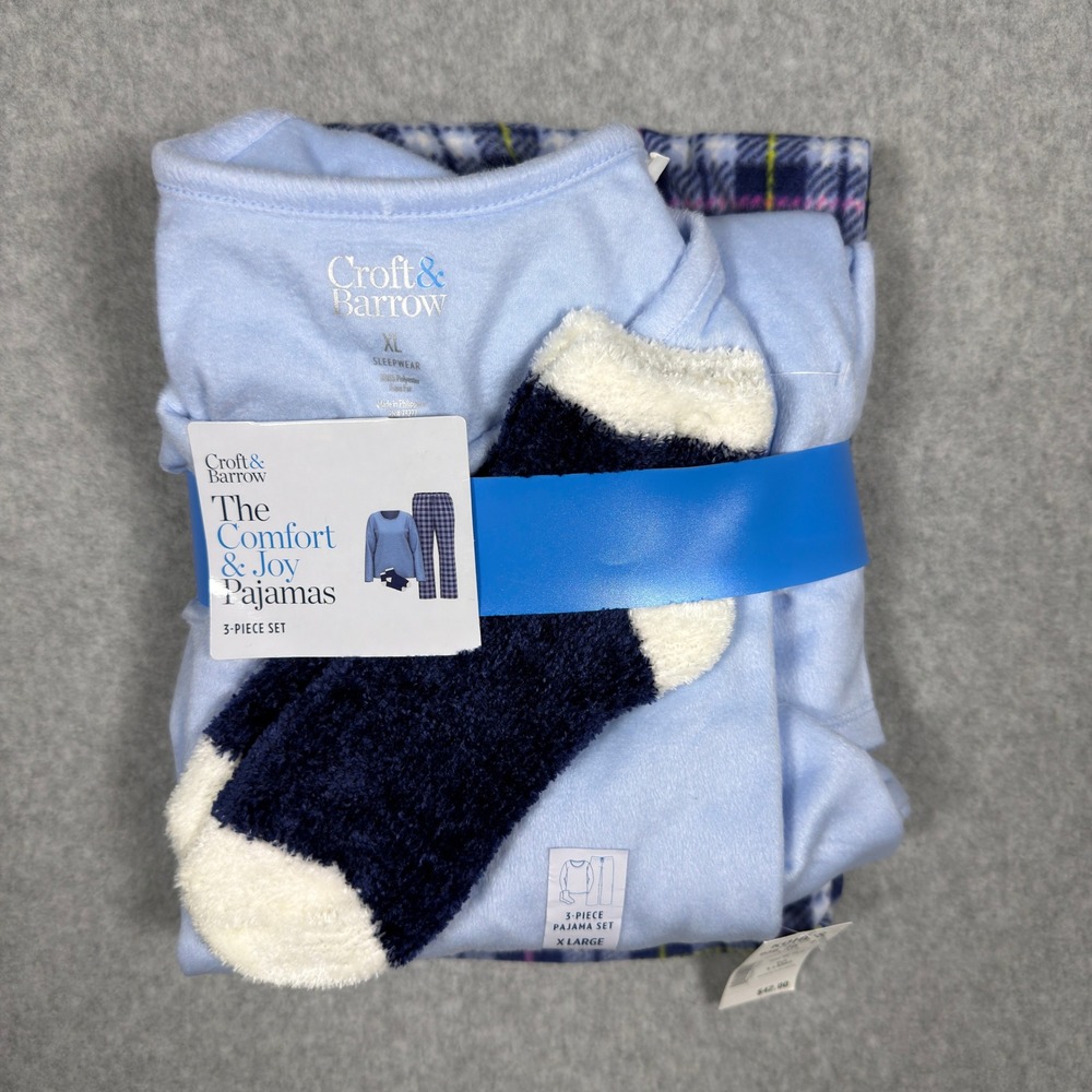 Croft & Barrow Womens XL 3-Piece Pajama Set Blue Plaid Fleece Top Pants Socks